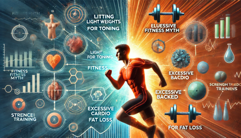 An engaging image showcasing common fitness myths being debunked. The split design highlights misleading fitness beliefs on one side and science-backed training on the other, sparking curiosity and awareness.