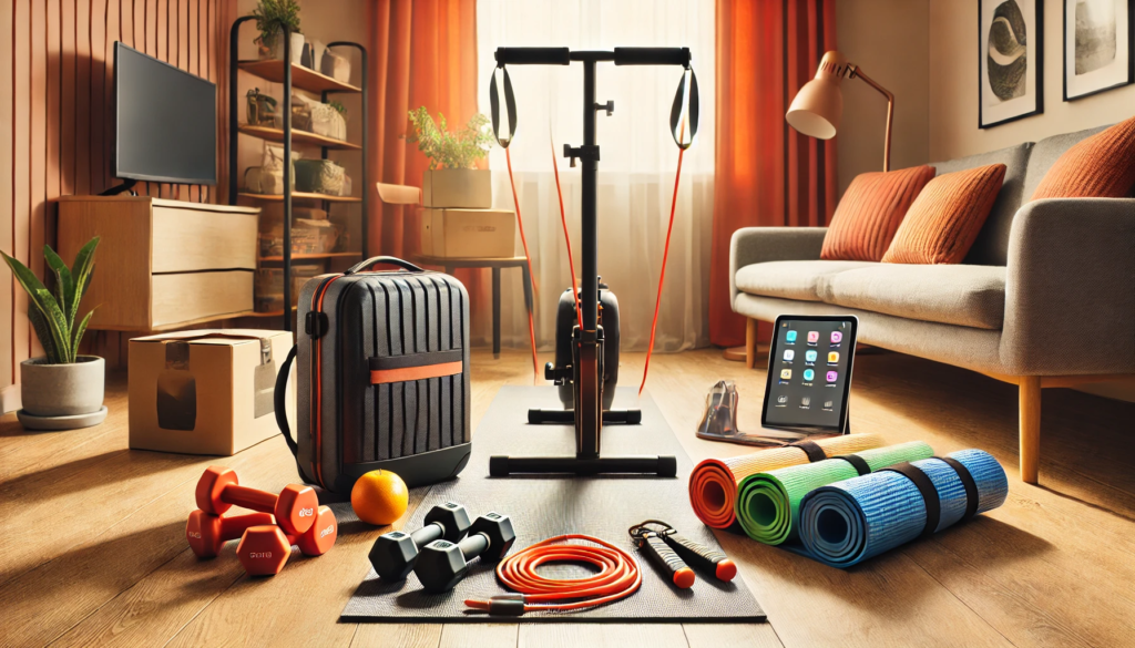 Travel-Friendly Home Gym Setup: Resistance bands, yoga mat, dumbbells, jump rope, and suspension trainer for nomads