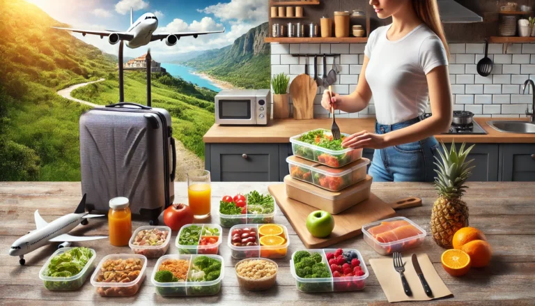 Traveler preparing a healthy meal in a compact kitchen with travel-friendly meal prep containers and fresh ingredients.