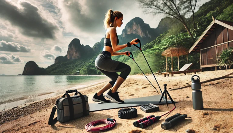 A fit traveler working out outdoors using portable workout equipment, including resistance bands and a jump rope, in a scenic nature setting.