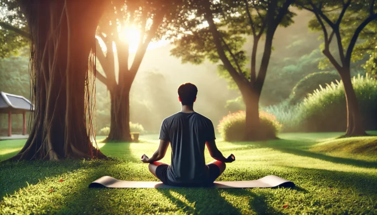 A serene outdoor scene with a person practicing yoga in a peaceful setting, surrounded by nature, promoting stress relief and relaxation.