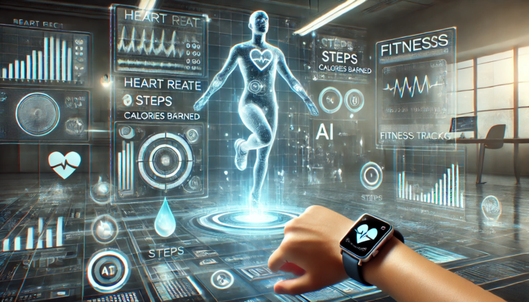 The Future of Personalized Fitness: A person using a smartwatch and AI-powered fitness app with data visualizations in the background