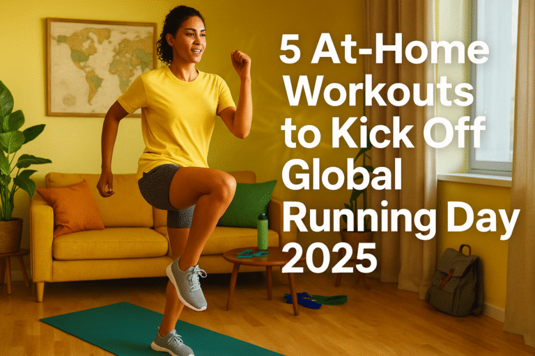 A person doing an at-home workout in a living room, preparing for Global Running Day 2025 with running strength exercises.