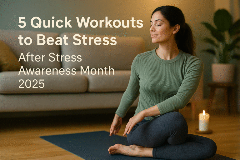A person doing a stress-relief workout at home, showcasing quick workouts to beat stress after Stress Awareness Month 2025.