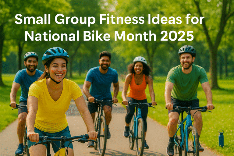 A small group cycling in a park, showcasing group fitness ideas for National Bike Month 2025 with fun outdoor workouts.