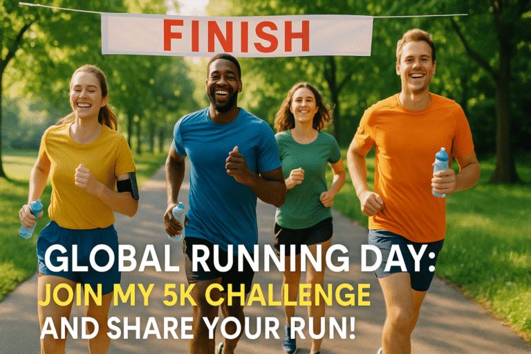 A group of runners in a park, celebrating Global Running Day 2025 with a 5K challenge, smiling and active.