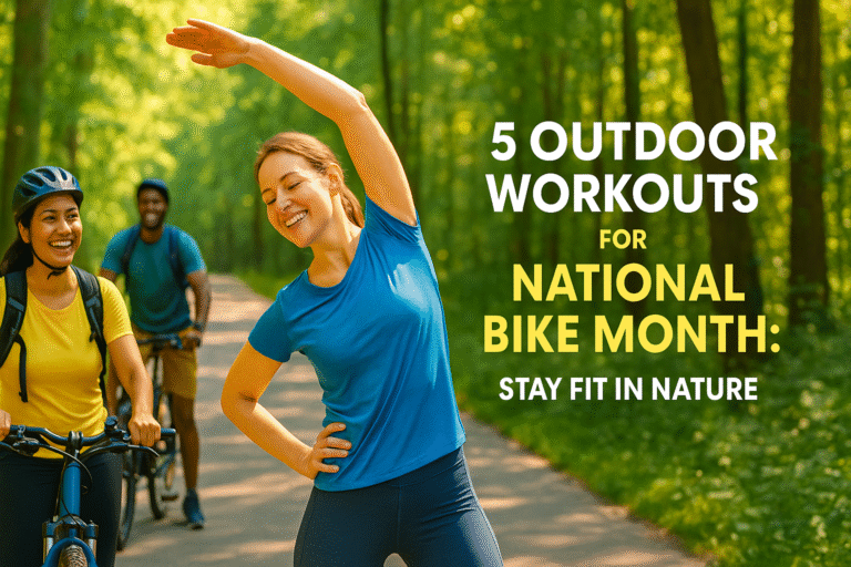 A person cycling in a forest, enjoying outdoor workouts for National Bike Month 2025, staying fit in nature.